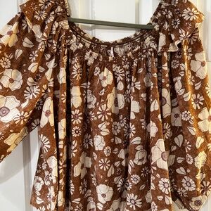 Free People Brown and White Ruffled Crop Top